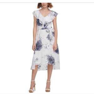 NWT DKNY Women's Flutter-sleeve Midi White Blue Floral Dress Size 10 $129 NEW